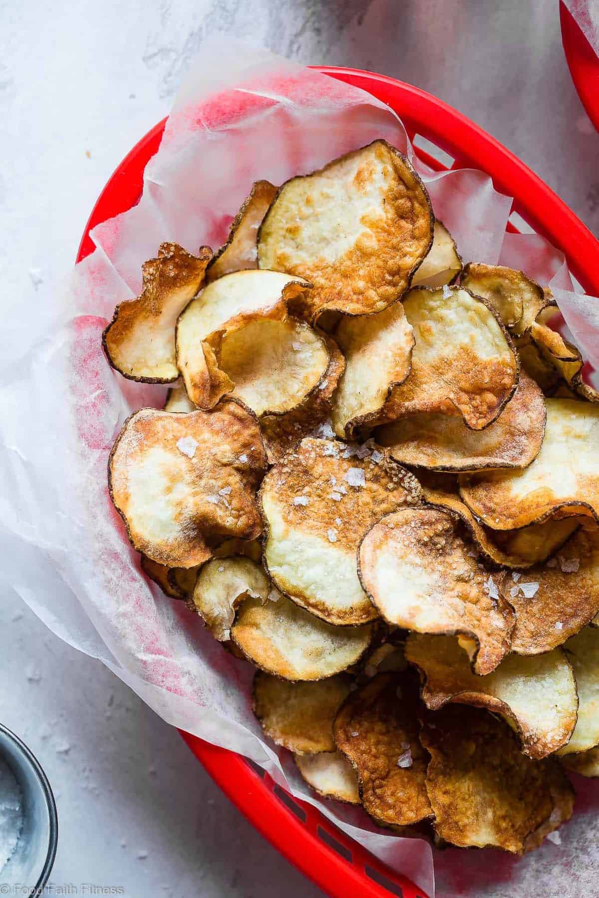 Air Fryer Potato Chips - These EASY Air Fryer Potato Chips are perfectly crispy and crunchy and only use 2 ingredients! You'll never believe they are healthy, vegan, gluten free and only 75 calories for a large serving! | #Foodfaithfitness | #Glutenfree #Airfryer #Healthy #Vegan #CleanEating