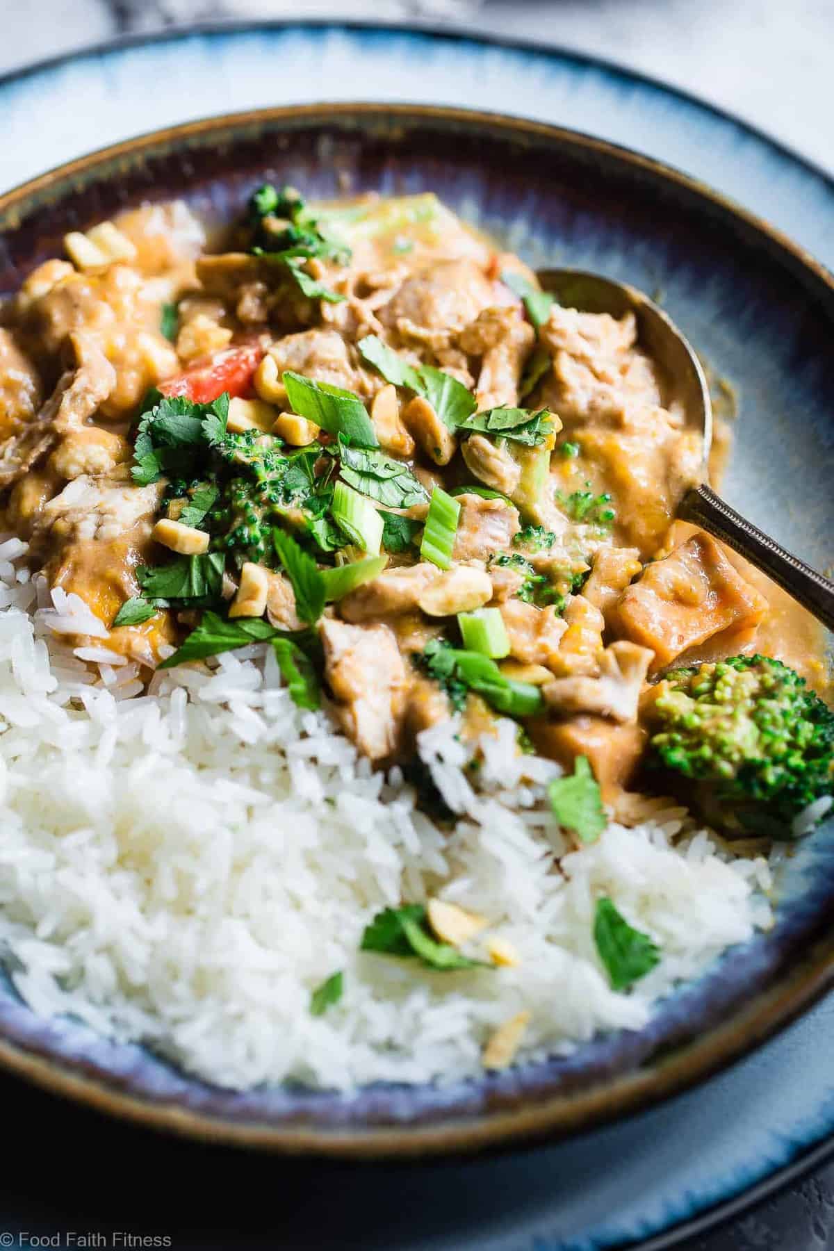 Easy Crockpot Thai Peanut Butter Chicken Curry - The slow cooker does all the work for you in this EASY, weeknight family-friendly dinner that is gluten and dairy free and packed protein. Great for meal prep too! | #Foodfaithfitness | #Glutenfree #Dairyfree #Slowcooker #Crockpot #Healthy