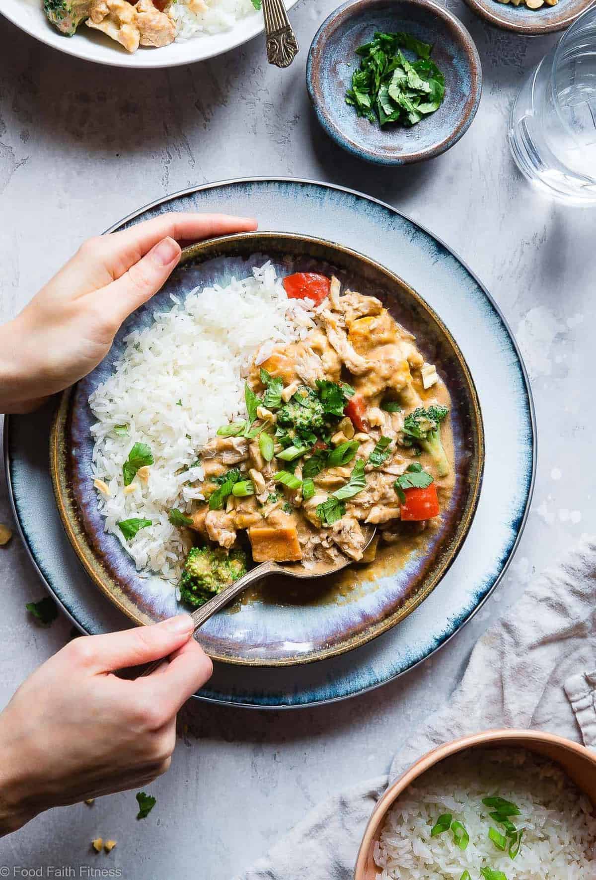 Easy Crockpot Thai Peanut Butter Chicken Curry - The slow cooker does all the work for you in this EASY, weeknight family-friendly dinner that is gluten and dairy free and packed protein. Great for meal prep too! | #Foodfaithfitness | #Glutenfree #Dairyfree #Slowcooker #Crockpot #Healthy