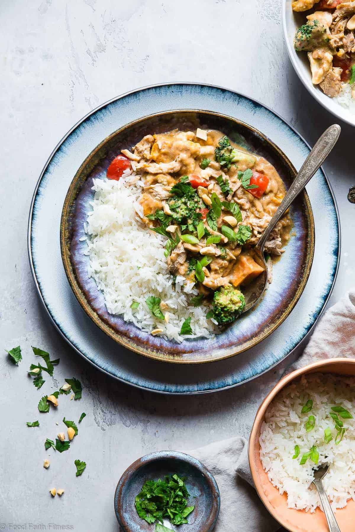 Easy Crockpot Thai Peanut Butter Chicken Curry - The slow cooker does all the work for you in this EASY, weeknight family-friendly dinner that is gluten and dairy free and packed protein. Great for meal prep too! | #Foodfaithfitness | #Glutenfree #Dairyfree #Slowcooker #Crockpot #Healthy