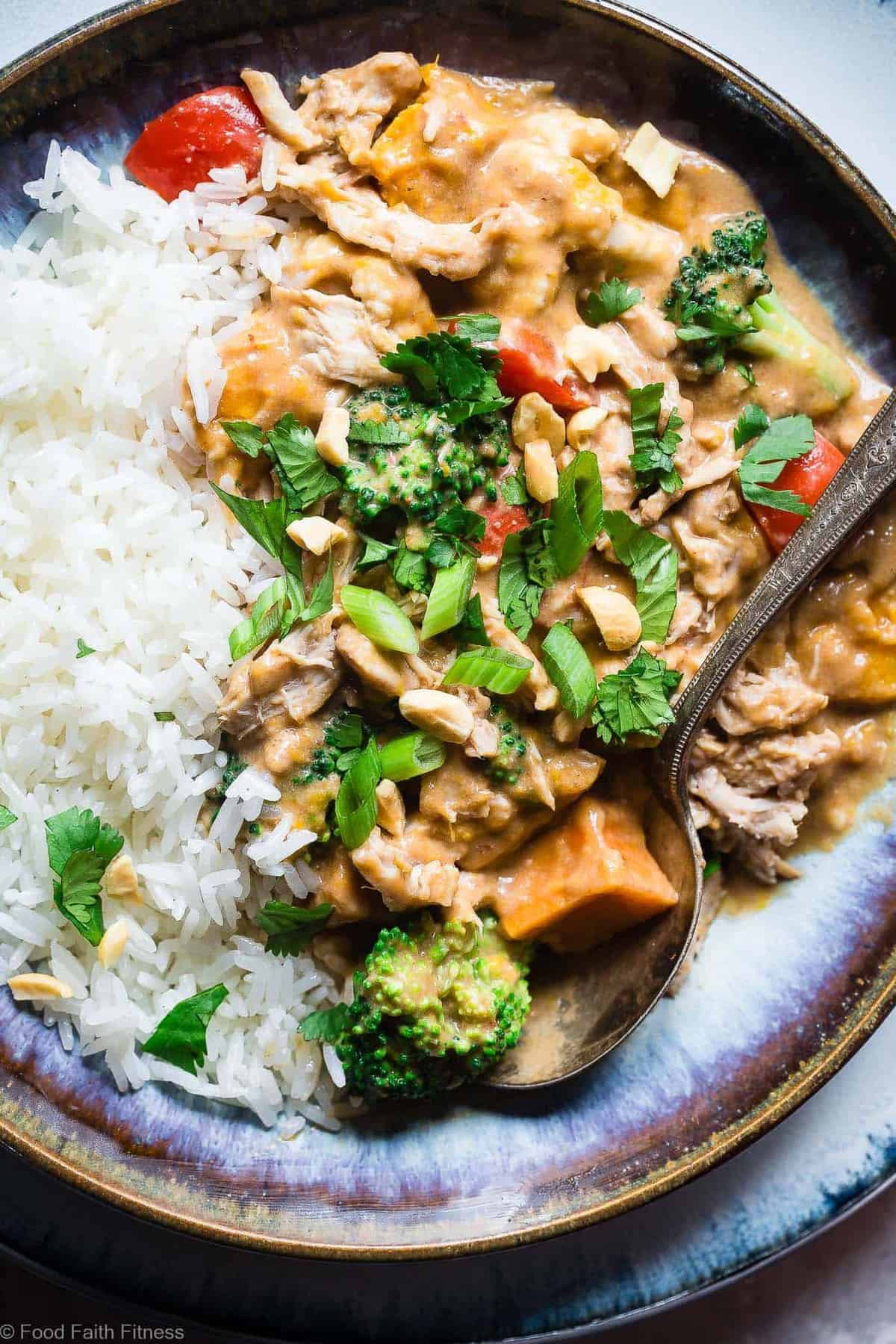 Easy Crockpot Thai Peanut Butter Chicken Curry - The slow cooker does all the work for you in this EASY, weeknight family-friendly dinner that is gluten and dairy free and packed protein. Great for meal prep too! | #Foodfaithfitness | #Glutenfree #Dairyfree #Slowcooker #Crockpot #Healthy