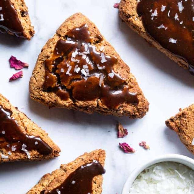 Healthy Gluten Free Samoa Scones with Greek Yogurt - These Healthy Gluten Free Scones are an easy, better for you breakfast that tastes like a scone and a Samoa cookie had a baby! Dairy free option included! | #Foodfaithfitness | #Glutenfree #Dairyfree #Healthy #Scones #Breakfast