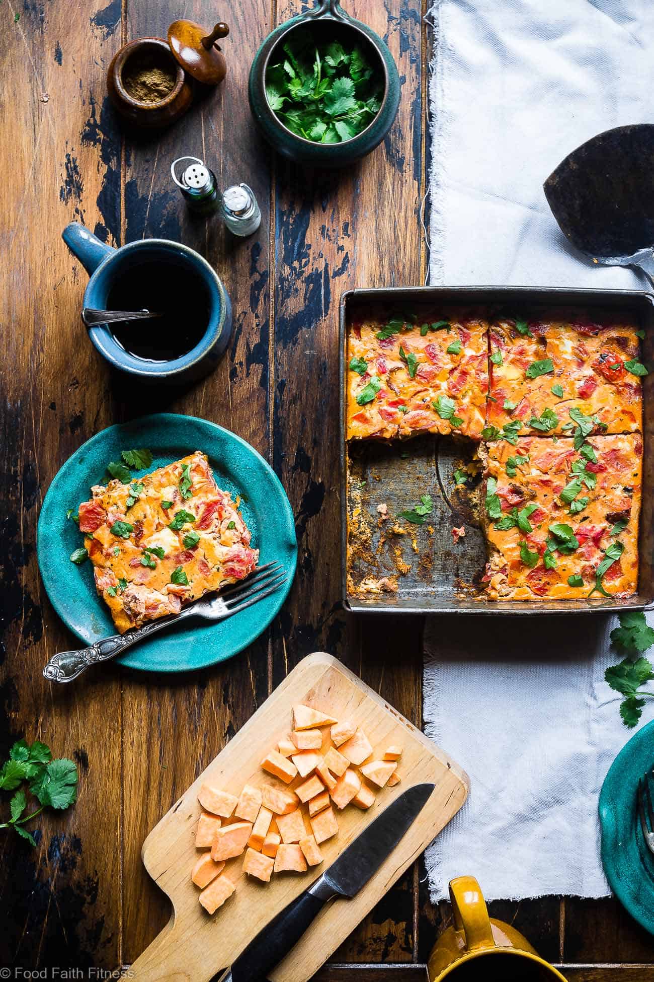 Healthy Gluten Free Paleo Egg Casserole - This healthy, gluten free, paleo breakfast casserole is an easy breakfast or brunch with a little taste of the Middle East! Grain/dairy/sugar free and only 200 calories a serving! | #Foodfaithfitness | #whole30 #paleo #glutenfree #healthy #breakfast