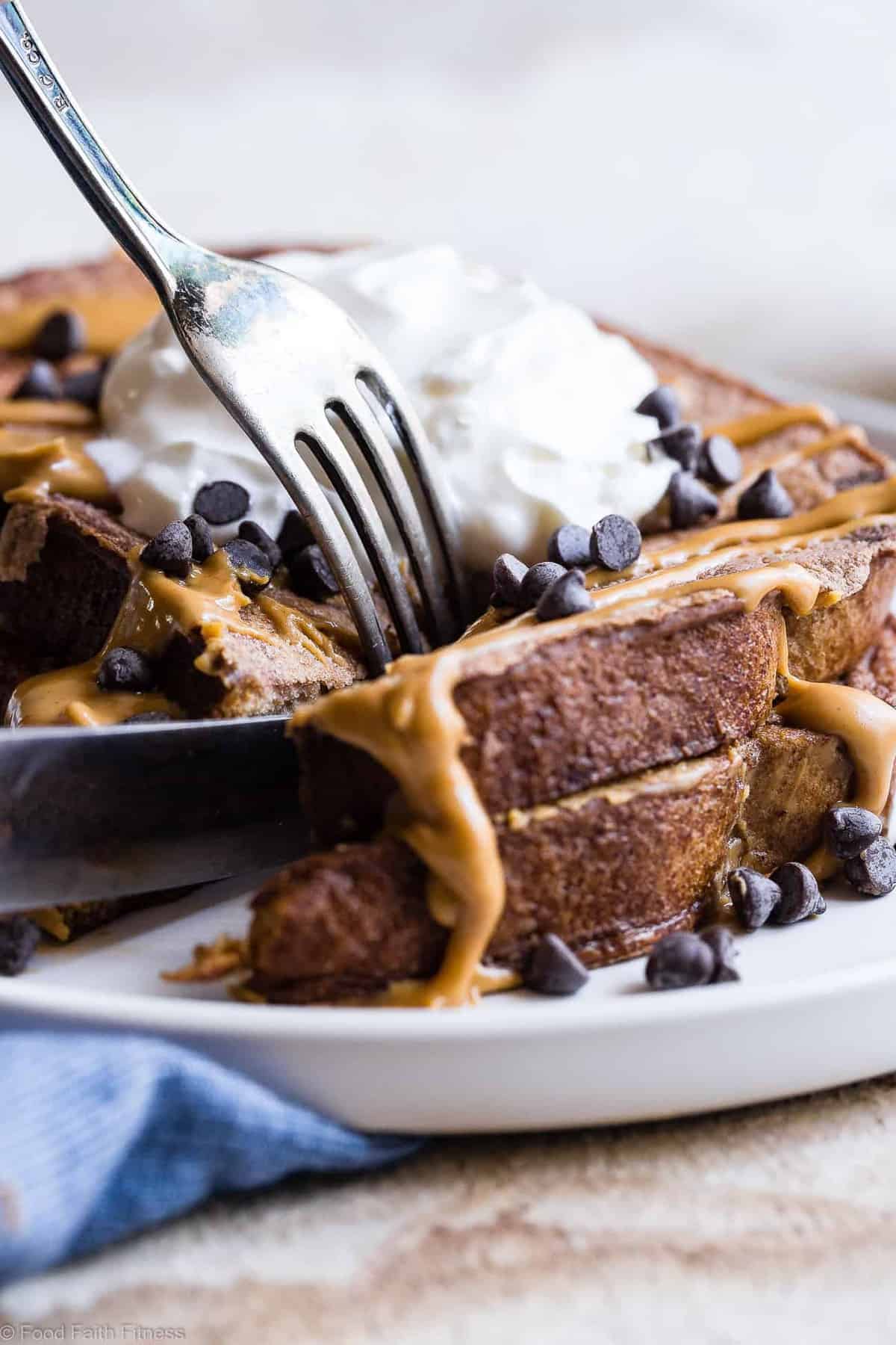 Chocolate Peanut Butter Protein French Toast - Loaded with chocolate peanut butter goodness and 32g of protein! SO easy to make and has a gluten free and paleo friendly option! Your new favorite breakfast to keep you FULL! | #Foodfaithfitness | #Glutenfree #Healthy #Paleo #Breakfast #FrenchToast Chocolate Peanut Butter Protein French Toast - Loaded with chocolate peanut butter goodness and 32g of protein! SO easy to make and has a gluten free and paleo friendly option! Your new favorite breakfast to keep you FULL! | #Foodfaithfitness | #Glutenfree #Healthy #Paleo #Breakfast #FrenchToast