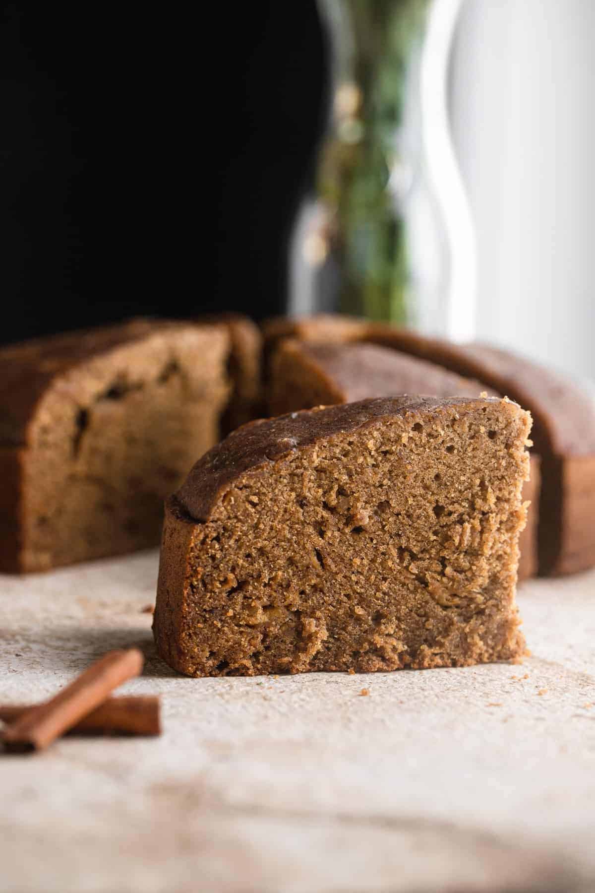 a slice of Instant Pot Banana Bread on a table