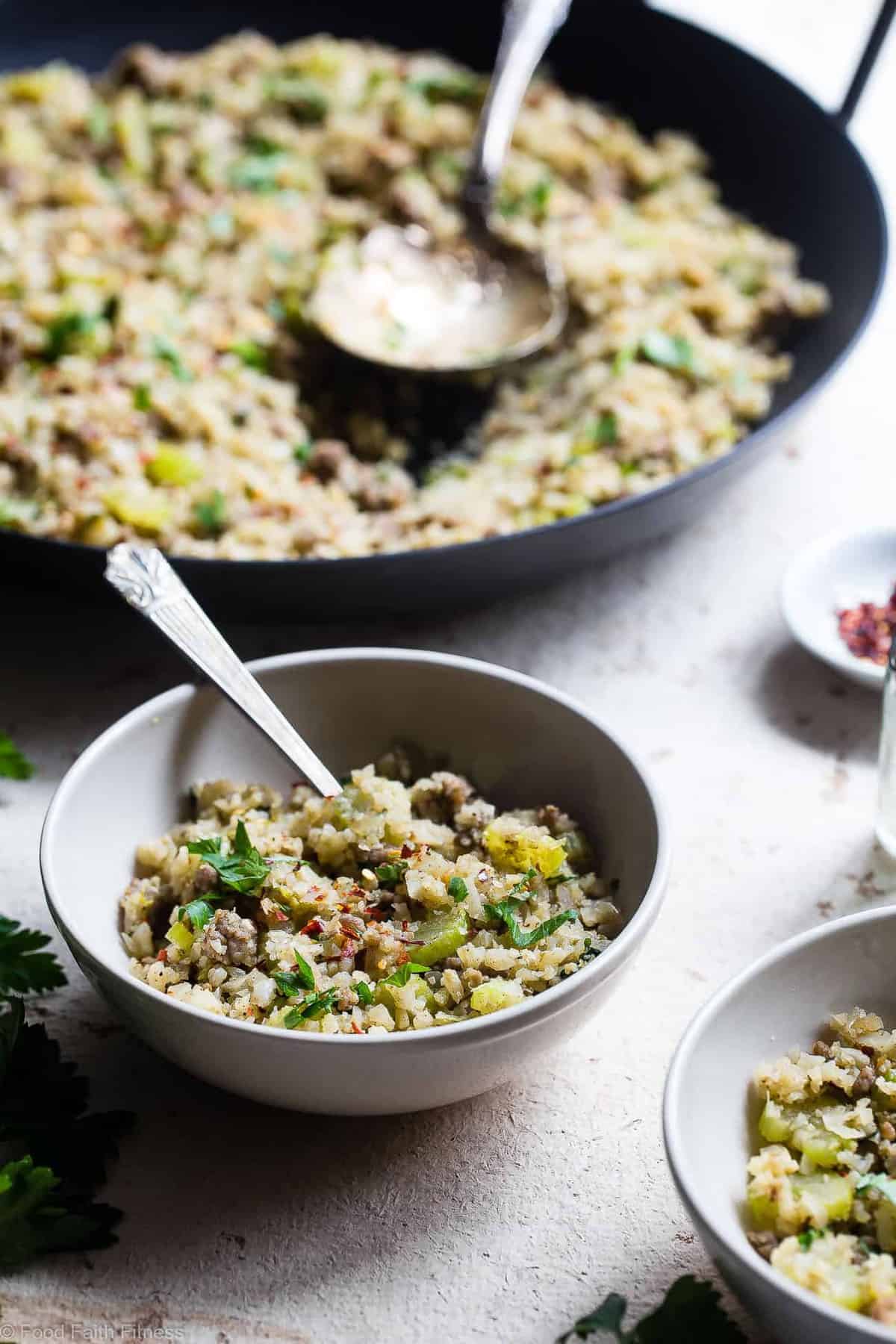 Keto Low Carb Riced Cauliflower Stuffing - This cauliflower rice stuffing is an EASY healthy holiday side that tastes like comfort food, but you won't miss the carbs! Paleo/whole30, only 150 calories and 3 SmartPoints! | #Foodfaithfitness | #Glutenfree #Paleo #Lowcarb #Keto #Whole30 Keto Low Carb Riced Cauliflower Stuffing - This cauliflower rice stuffing is an EASY healthy holiday side that tastes like comfort food, but you won't miss the carbs! Paleo/whole30, only 150 calories and 3 SmartPoints! | #Foodfaithfitness | #Glutenfree #Paleo #Lowcarb #Keto #Whole30