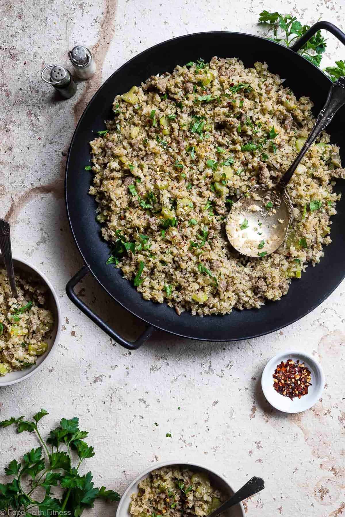 Keto Low Carb Riced Cauliflower Stuffing - This cauliflower rice stuffing is an EASY healthy holiday side that tastes like comfort food, but you won't miss the carbs! Paleo/whole30, only 150 calories and 3 SmartPoints! | #Foodfaithfitness | #Glutenfree #Paleo #Lowcarb #Keto #Whole30 Keto Low Carb Riced Cauliflower Stuffing - This cauliflower rice low carb stuffing recipe is an EASY healthy holiday side that tastes like comfort food, but you won't miss the carbs! Paleo/whole30, only 150 calories and 3 SmartPoints! | #Foodfaithfitness | #Glutenfree #Paleo #Lowcarb #Keto #Whole30