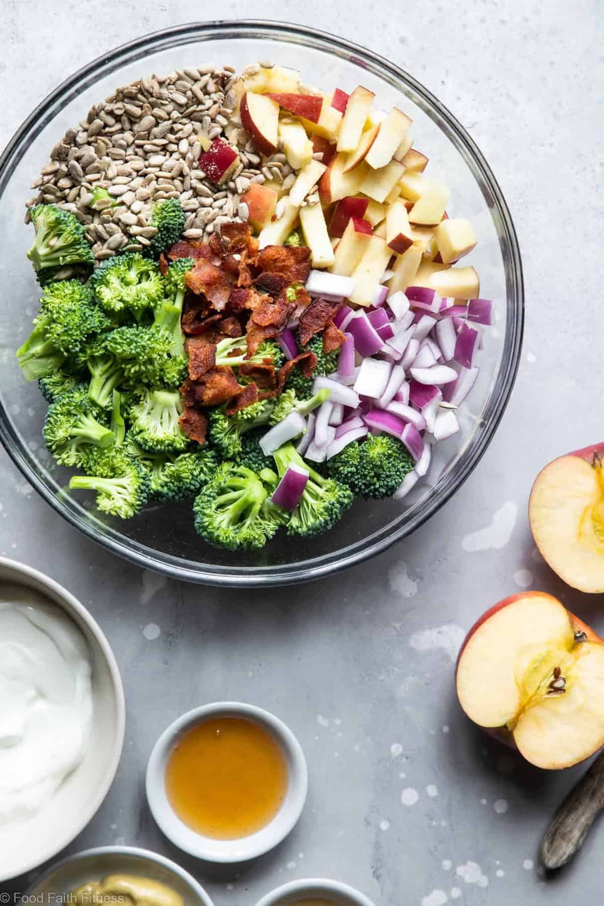 Honey Mustard Broccoli Apple Salad with Greek Yogurt - An easy, gluten free and healthy side dish that even kids will like! It's protein packed and makes great leftovers! | #Foodfaithfitness | #Glutenfree #Grainfree #Healthy #GreekYogurt Healthy Broccoli Apple Salad with Greek Yogurt - This Greek yogurt broccoli salad is an easy, gluten free and healthy side dish that even kids will like! It's protein packed and makes great leftovers! | #Foodfaithfitness |