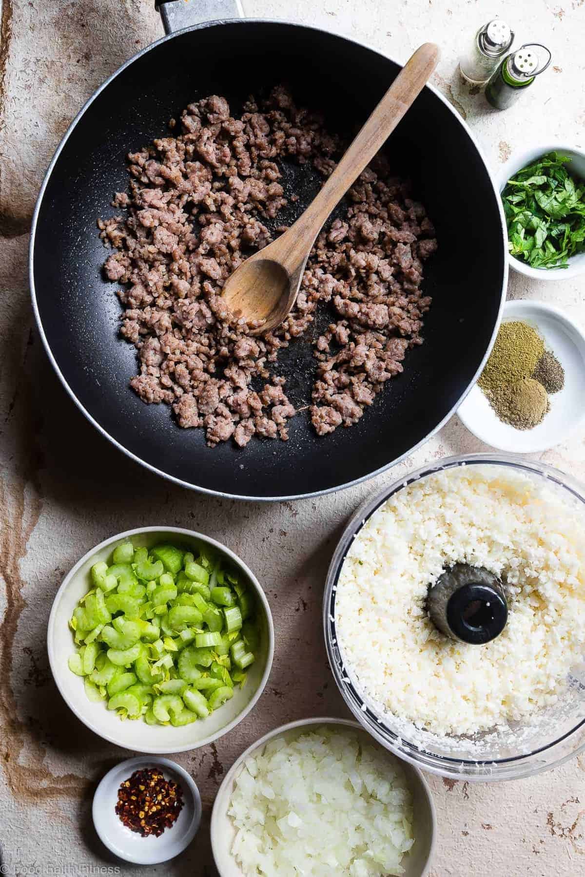 Keto Low Carb Riced Cauliflower Stuffing - This cauliflower rice stuffing is an EASY healthy holiday side that tastes like comfort food, but you won't miss the carbs! Paleo/whole30, only 150 calories and 3 SmartPoints! | #Foodfaithfitness | #Glutenfree #Paleo #Lowcarb #Keto #Whole30 Keto Low Carb Riced Cauliflower Paleo Stuffing - This cauliflower stuffing recipe is an EASY healthy holiday side that tastes like comfort food, but you won't miss the carbs! Paleo/whole30, only 150 calories and 3 SmartPoints! | #Foodfaithfitness | #Glutenfree #Paleo #Lowcarb #Keto #Whole30