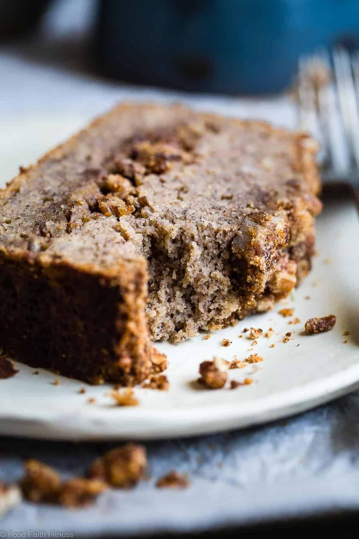 The Best Paleo Banana Bread with Pecan Streusel - This easy Paleo Coconut Flour Banana Bread is gluten/grain/dairy/refined sugar free but perfectly moist and sweet! The pecan topping MAKES it so addicting and you'll never know it's healthy! | Foodfaithfitness.com | @FoodFaithFit