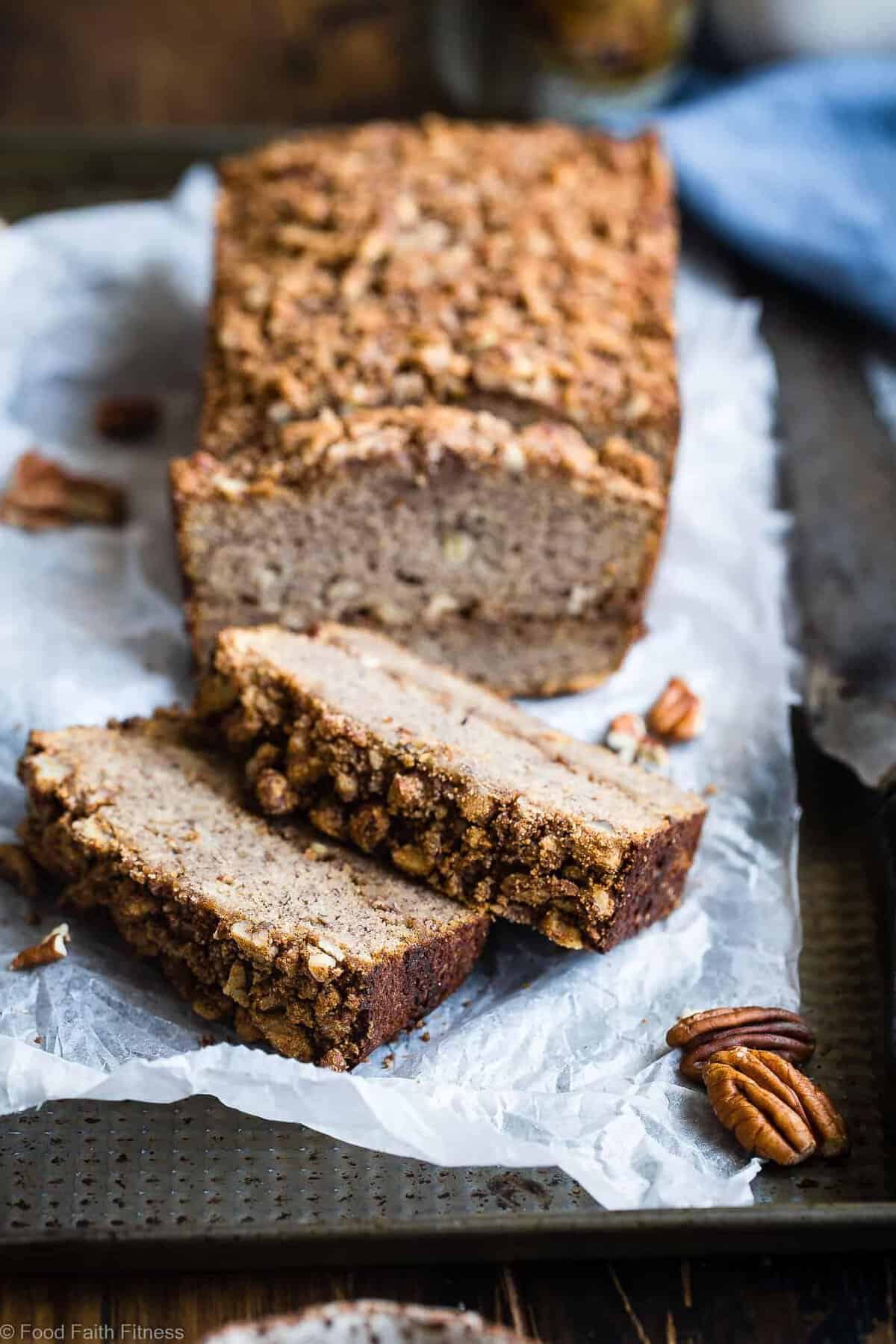 The Best Paleo Banana Bread with Pecan Streusel - This easy Paleo Coconut Flour Banana Bread with coconut flour is gluten/grain/dairy/refined sugar free but perfectly moist and sweet! The pecan topping MAKES it so addicting and you'll never know it's healthy! | Foodfaithfitness.com | @FoodFaithFit