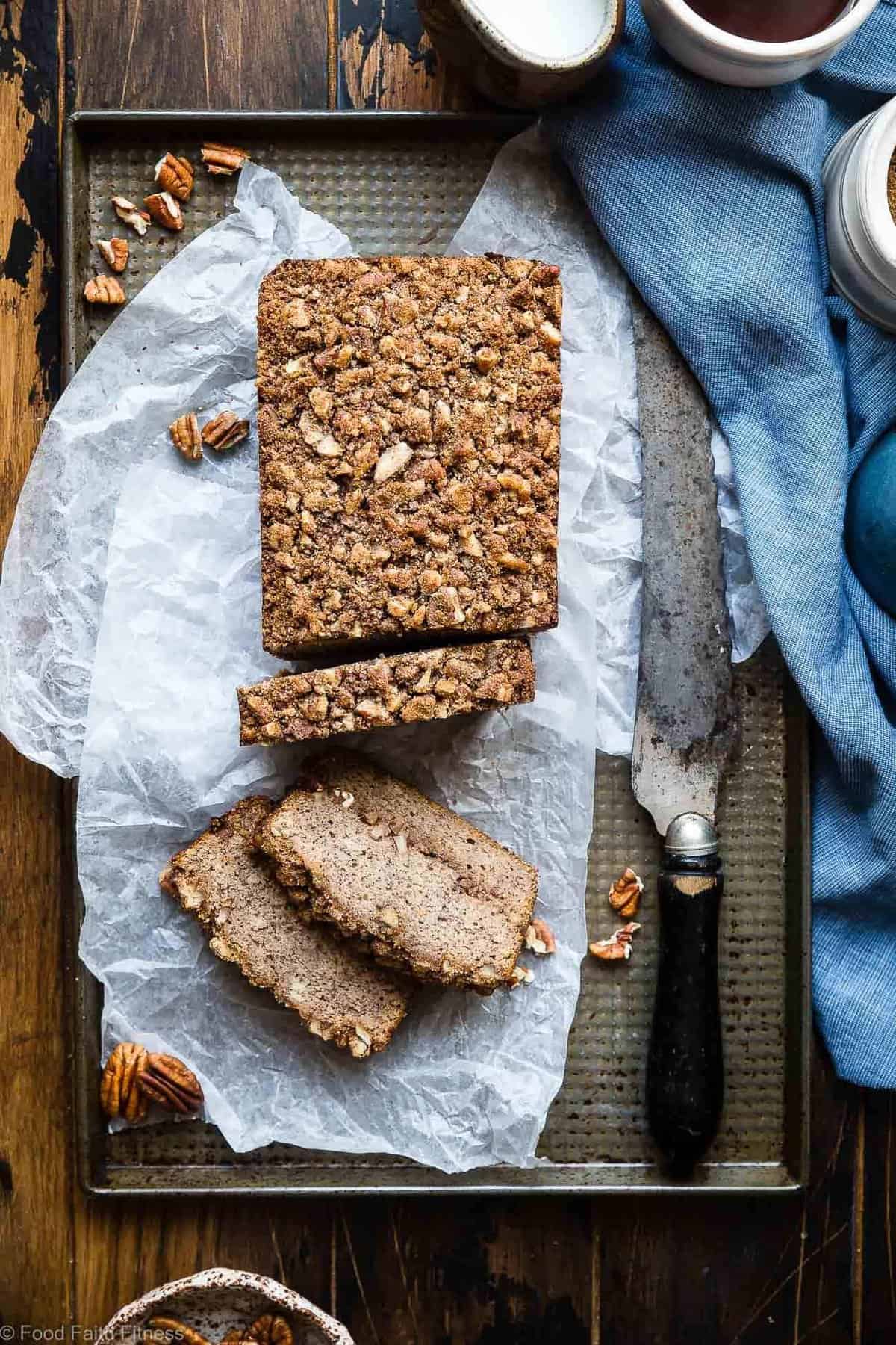 The Best Paleo Banana Bread with Pecan Streusel - This easy Paleo Coconut Flour Bread recipe is gluten/grain/dairy/refined sugar free but perfectly moist and sweet! The pecan topping MAKES it so addicting and you'll never know it's healthy! | Foodfaithfitness.com | @FoodFaithFit