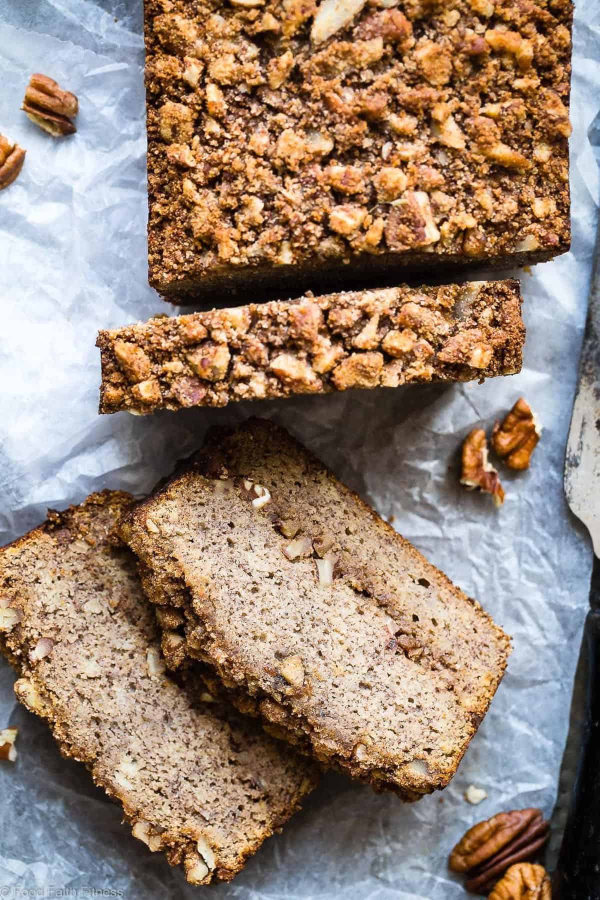 The Best Paleo Banana Bread with Pecan Streusel - This easy Paleo Coconut Flour Banana Bread is gluten/grain/dairy/refined sugar free but perfectly moist and sweet! The pecan topping MAKES it so addicting and you'll never know it's healthy! | Foodfaithfitness.com | @FoodFaithFit
