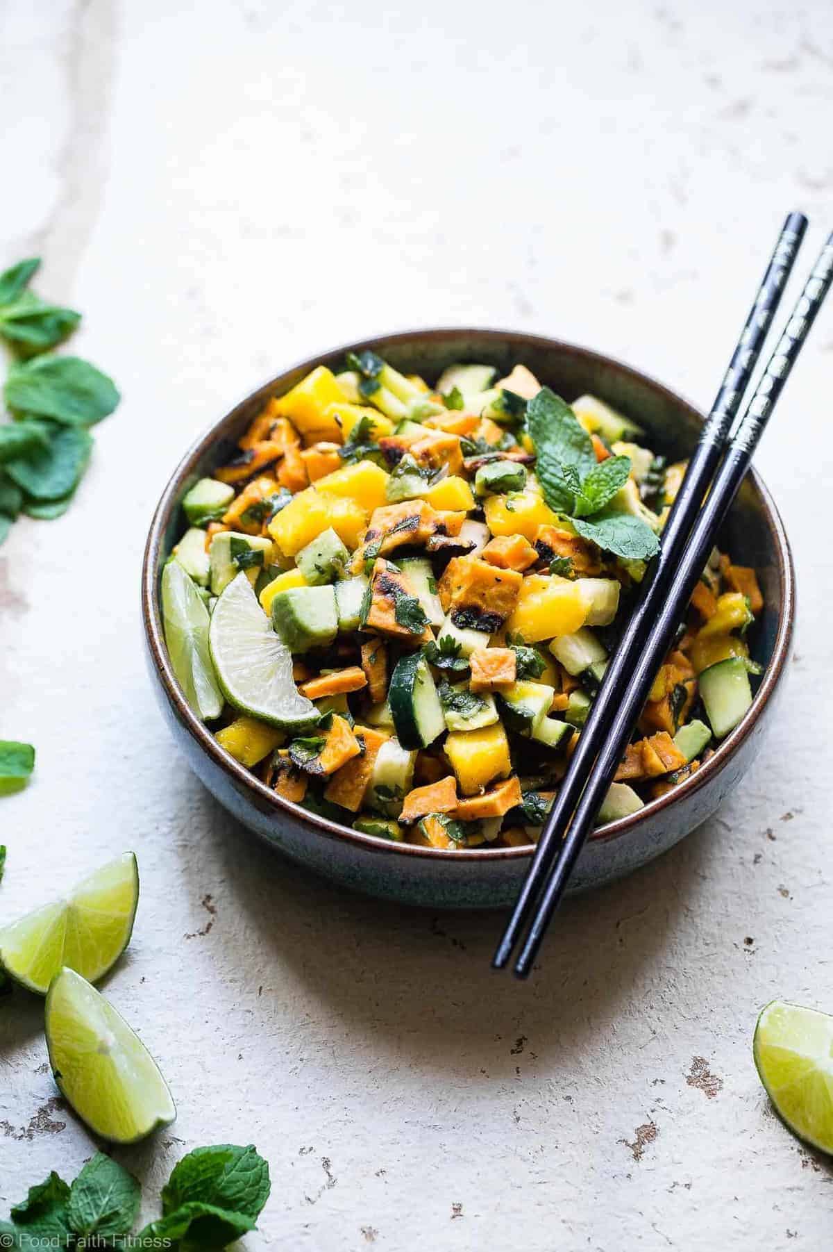 Thai Mango Avocado Salad with Grilled Sweet Potatoes - Loaded with sweet mango, tangy lime juice and creamy avocado, this is an EASY, healthy summer side that is sure to please! Gluten free, vegan, paleo and whole30 friendly too! | #Foodfaithfitness | #Whole30 #Glutenfree #Vegan #Paleo #Dairyfree Thai Mango Avocado Salad with Grilled Sweet Potatoes - Loaded with sweet mango, tangy lime juice and creamy avocado, this is an EASY, healthy summer side that is sure to please! Gluten free, vegan, paleo and whole30 friendly too! | #Foodfaithfitness | #Whole30 #Glutenfree #Vegan #Paleo #Dairyfree