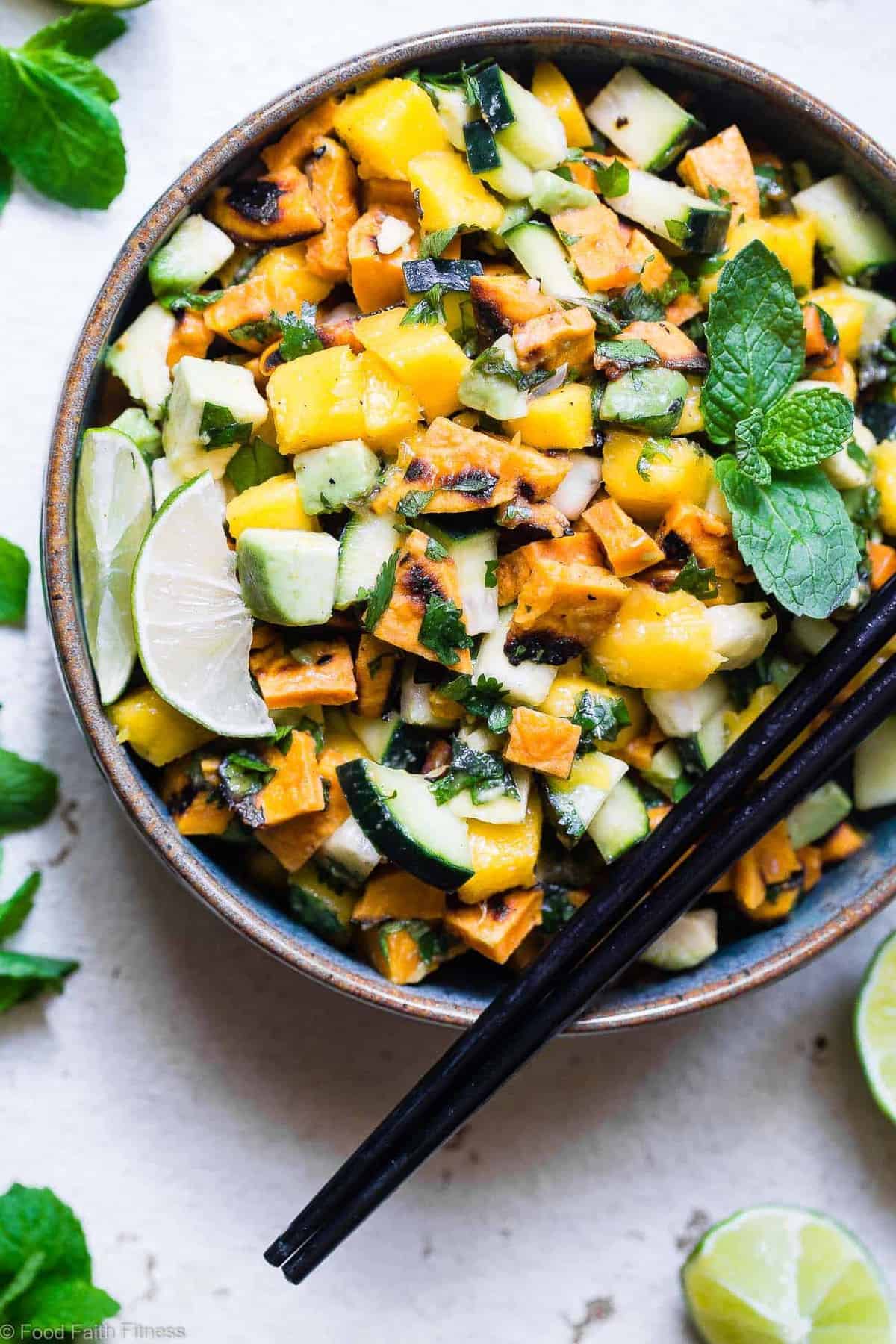 Thai Mango Avocado Salad with Grilled Sweet Potatoes - Loaded with sweet mango, tangy lime juice and creamy avocado, this is an EASY, healthy summer side that is sure to please! Gluten free, vegan, paleo and whole30 friendly too! | #Foodfaithfitness | #Whole30 #Glutenfree #Vegan #Paleo #Dairyfree Thai Mango Avocado Salad with Grilled Sweet Potatoes - Loaded with sweet mango, tangy lime juice and creamy avocado, this is an EASY, healthy summer side that is sure to please! Gluten free, vegan, paleo and whole30 friendly too! | #Foodfaithfitness | #Whole30 #Glutenfree #Vegan #Paleo #Dairyfree