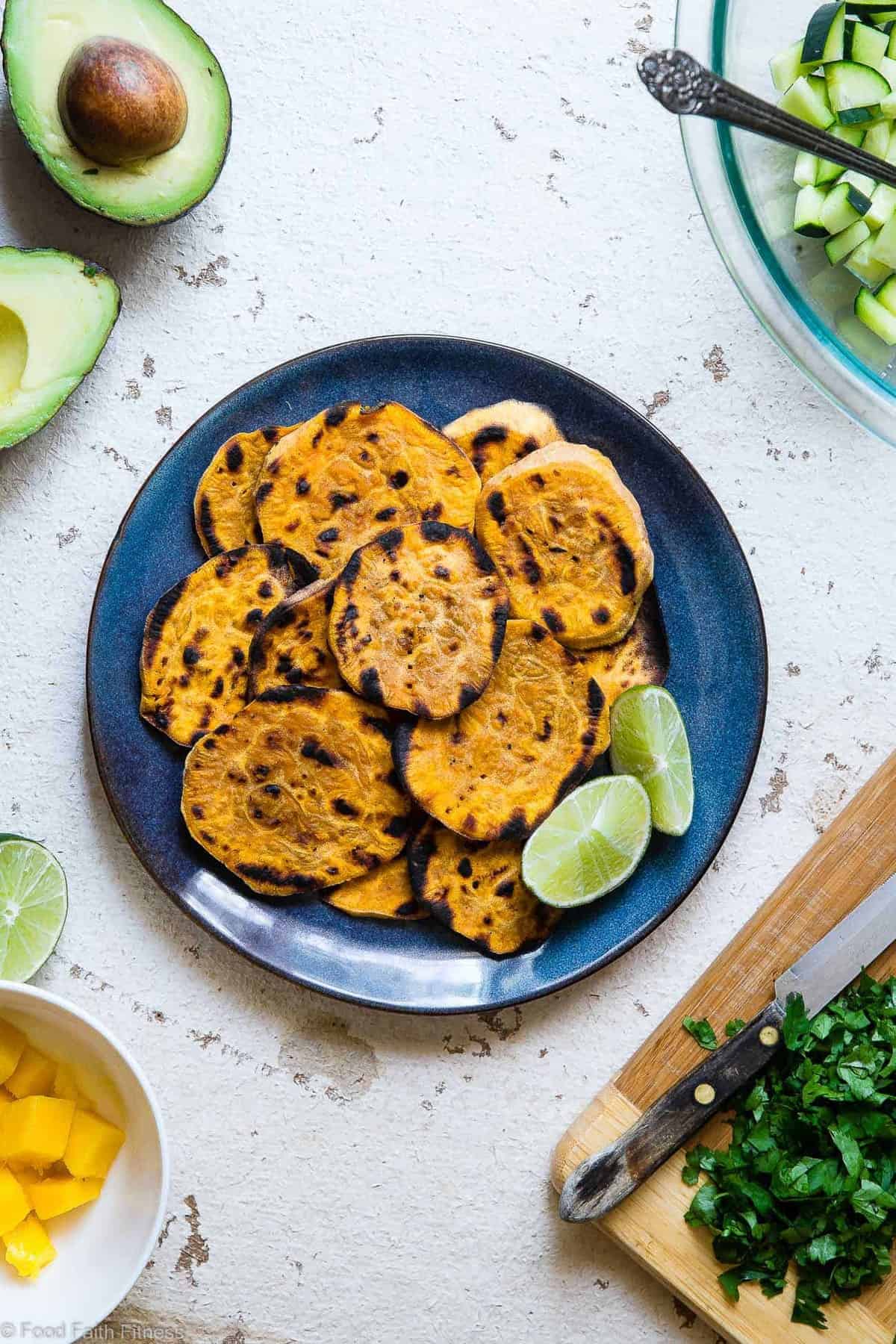 Thai Mango Avocado Salad with Grilled Sweet Potatoes - Loaded with sweet mango, tangy lime juice and creamy avocado, this is an EASY, healthy summer side that is sure to please! Gluten free, vegan, paleo and whole30 friendly too! | #Foodfaithfitness | #Whole30 #Glutenfree #Vegan #Paleo #Dairyfree Thai Mango Avocado Salad with Grilled Sweet Potatoes - Loaded with sweet mango, tangy lime juice and creamy avocado, this is an EASY, healthy summer side that is sure to please! Gluten free, vegan, paleo and whole30 friendly too! | #Foodfaithfitness | #Whole30 #Glutenfree #Vegan #Paleo #Dairyfree