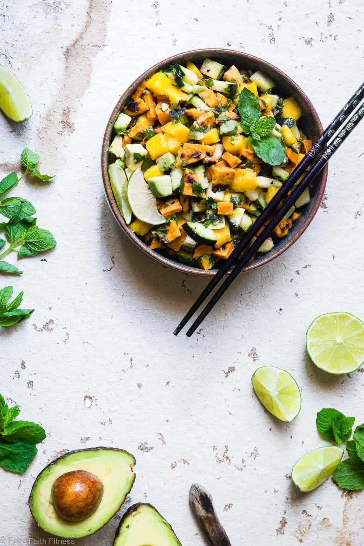Thai Mango Avocado Salad with Grilled Sweet Potatoes - Loaded with sweet mango, tangy lime juice and creamy avocado, this is an EASY, healthy summer side that is sure to please! Gluten free, vegan, paleo and whole30 friendly too! | #Foodfaithfitness | #Whole30 #Glutenfree #Vegan #Paleo #Dairyfree Thai Mango Avocado Salad with Grilled Sweet Potatoes - Loaded with sweet mango, tangy lime juice and creamy avocado, this is an EASY, healthy summer side that is sure to please! Gluten free, vegan, paleo and whole30 friendly too! | #Foodfaithfitness | #Whole30 #Glutenfree #Vegan #Paleo #Dairyfree