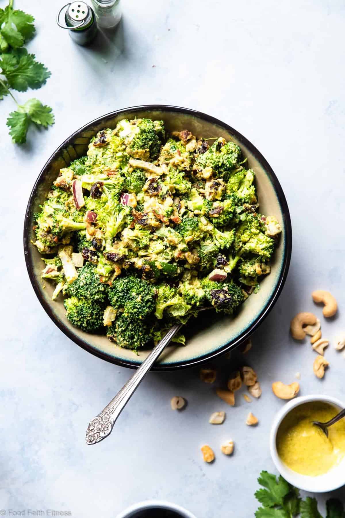 Curried Vegan Paleo Broccoli Cashew Salad - This easy healthy broccoli salad is jazzed up with a curried cashew cream dressing. It's a quick, easy, gluten and dairy free side that's always a crowd pleaser! | #Foodfaithfitness | Curried Vegan Paleo Broccoli Cashew Salad - This easy healthy broccoli salad is jazzed up with a curried cashew cream dressing. It's a quick, easy, gluten and dairy free side that's always a crowd pleaser! | #Foodfaithfitness | #Glutenfree #Paleo #Vegan #Dairyfree #Healthy